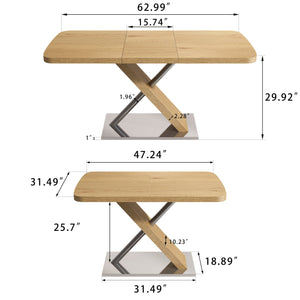 English Elm 47.25" Expandable Dining Table 47.25-63" Natural Wood Finish Retractable Top, Seats 4-6, Metal Base W757P270705