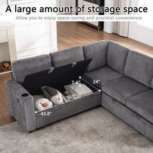 English Elm Sectional Corduroy Sleeper Sofa with Storage and Charging Ports for Small Spaces Grey W1361S00077