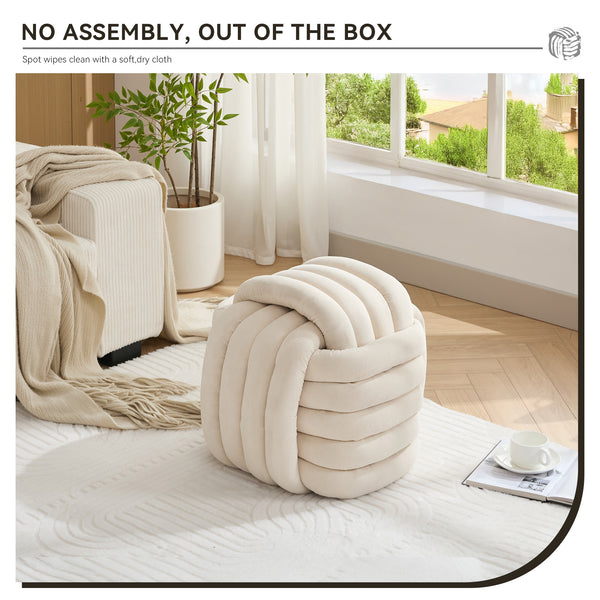 English Elm 060-Chenille Plush Knot Ottoman Stool with Foam Fill & Wooden Frame — Stylish, Comfortable Indoor Seat (No Assembly) Beige W527P239023