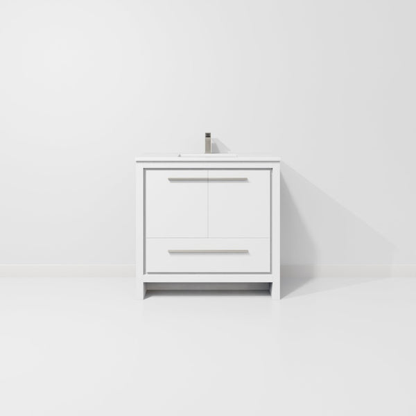 English Elm White Bath Vanity 36" With Quartz Top & Gun Metal Faucet - Modern Design, Organized Storage, Durable Finish B2731P259371-GIGA