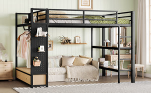 English Elm Queen Loft Bed Frame With Wardrobe & Shelves - Modern Metal Design For Space-Saving Storage & Work W1580S00233-GIGA