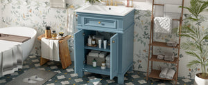 English Elm 24'' Carved Farmhouse Bathroom Vanity with Ceramic Sink Soft Close Storage Cabinet Indigo Blue N710P446530M