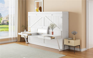 English Elm Queen Murphy Bed Cabinet with Vanity Desk Hydraulic Lift Mirror Distressed Finish White LP000766AAK-1