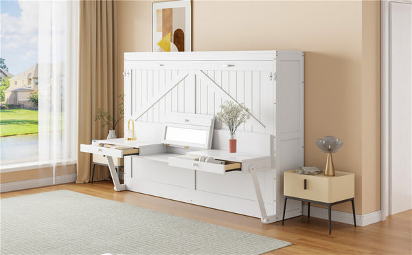 English Elm Queen Murphy Bed Cabinet with Vanity Desk Hydraulic Lift Mirror Distressed Finish White LP000766AAK-1