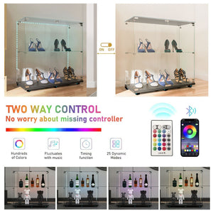 English Elm Tempered Glass Display Cabinet With Bluetooth Led Light, Lockable Casters & Versatile Storage Solutions W3155P290423-GIGA