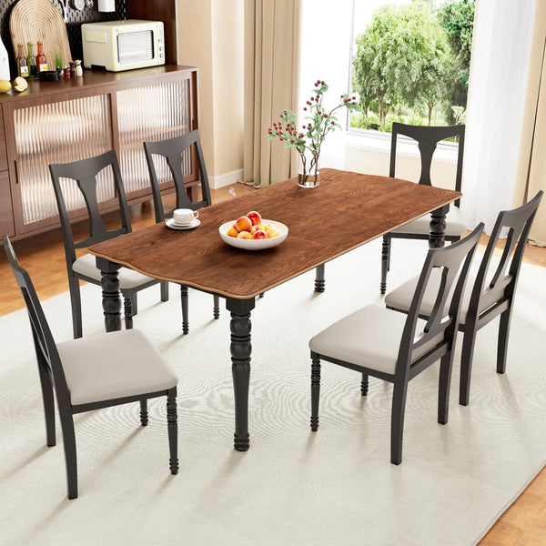 English Elm 7-Piece Extendable Dining Set with Removable Leaf and 6 Upholstered Chairs, Solid Rubberwood Legs, Seats 6 Black+Brown N752S000030B