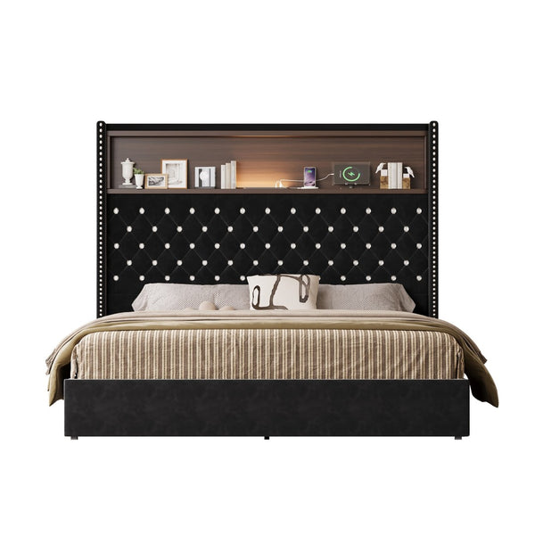 English Elm Queen Velvet Tufted Wingback Platform Bed Tall Headboard with Usb Charging Shelf Black N733P367135B