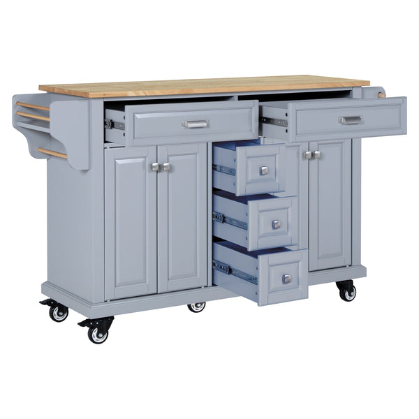 English Elm Kitchen Island durable rubberwood countertop kitchen cart on casters with towel rack, spice shelf, 5 drawers and adjustable shelving for organized meal prep and mobility Grey W914S00001