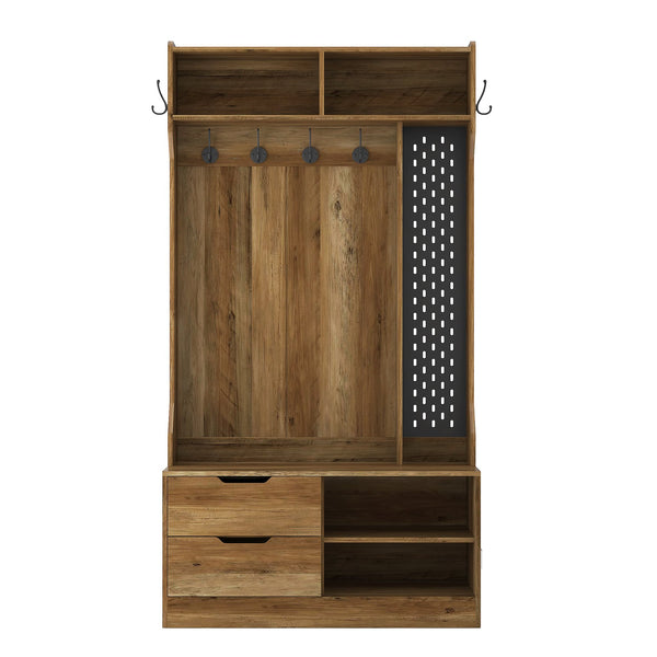 English Elm Hall Tree Entryway Organizer with 6 Hooks, Storage Bench & Open Shelves for Shoes and Coats Brown 58.46 L x 21.85 W x 6.5 H W1321P190219