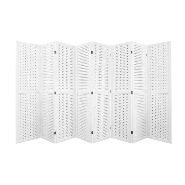 English Elm 8 Panel Pegboard Room Divider 5.6ft Folding Wooden Privacy Screen Freestanding Display White W2701P189940