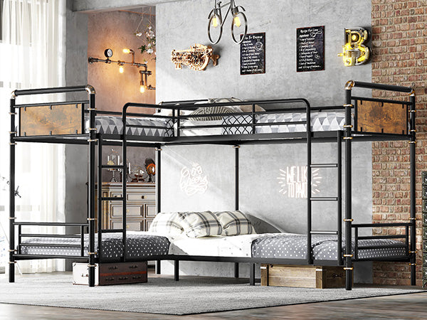 English Elm Quad Quad Bunk Bed for 4 Kids - Heavy Duty Metal Twin Frame, Detachable Triple Layout, Rustic Black Wood Finish, 250lb Capacity Each, Space-Saving Modular Design W2580S00020