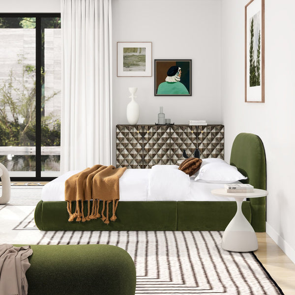 English Elm Jennifer Taylor Home - Archie Olive Green Puffy Grounded Upholstered Platform Bed — Velvet Arch Headboard, No-Box Spring Needed B2719P238215