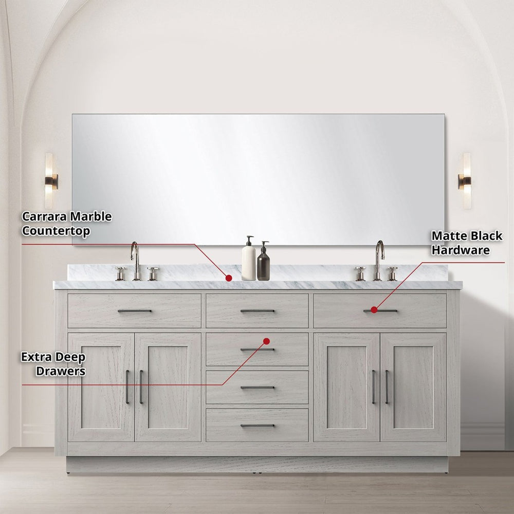 English Elm White Oak Double Bath Vanity Set With Carrara Marble Countertop, Mirror & Chrome Faucets Included B2731S01698-GIGA