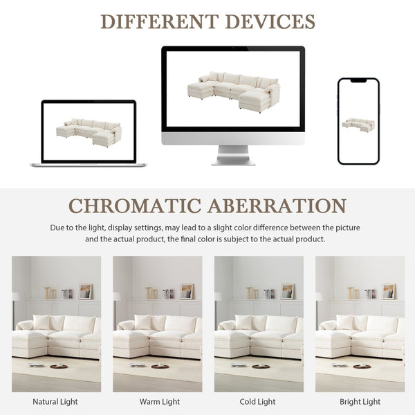 English Elm [video]136" Chenille U-shaped Sectional Six Seat Cloud Sofa with Movable Ottomans White N723S1687W