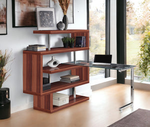 English Elm Buck Buck II Clear Glass Writing Desk with Chrome High Gloss Walnut Finish, Shelves, Wheels B2726S00028