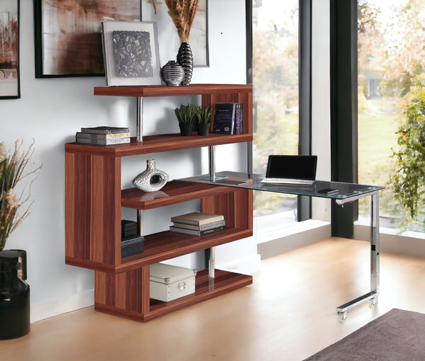 English Elm Buck Buck II Clear Glass Writing Desk with Chrome High Gloss Walnut Finish, Shelves, Wheels B2726S00028