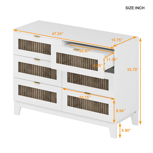 English Elm Rustic Farmhouse Wooden Dresser with 6 Drawers and Metal Handles — Spacious Storage, Stylish Bedroom Accent White 52.17 L x 18.5 W x 11.81 H WF530908AAK