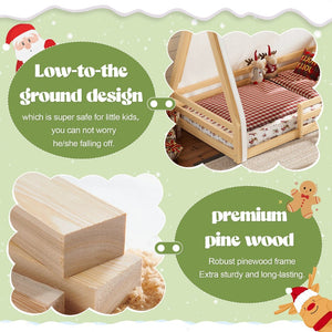 English Elm Twin Montessori Floor Bed Solid Pine Teepee Frame with Guardrails and Canopy Light W1580P369466