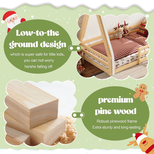 English Elm Twin Montessori Floor Bed Solid Pine Teepee Frame with Guardrails and Canopy Light W1580P369466