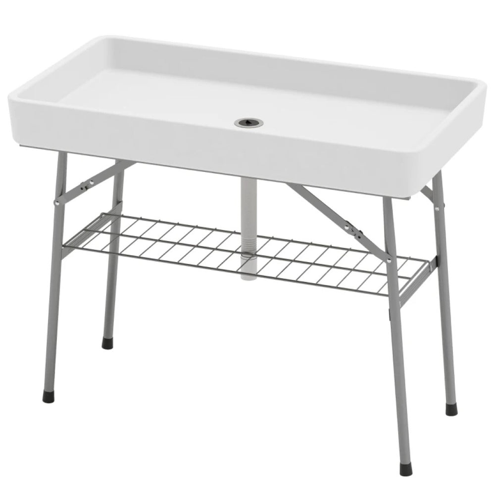 English Elm Outdoor Folding Drink Station Table with Built-in Ice Sink and Steel Frame White T3971P446146