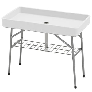 English Elm Outdoor Folding Drink Station Table with Built-in Ice Sink and Steel Frame White T3971P446146