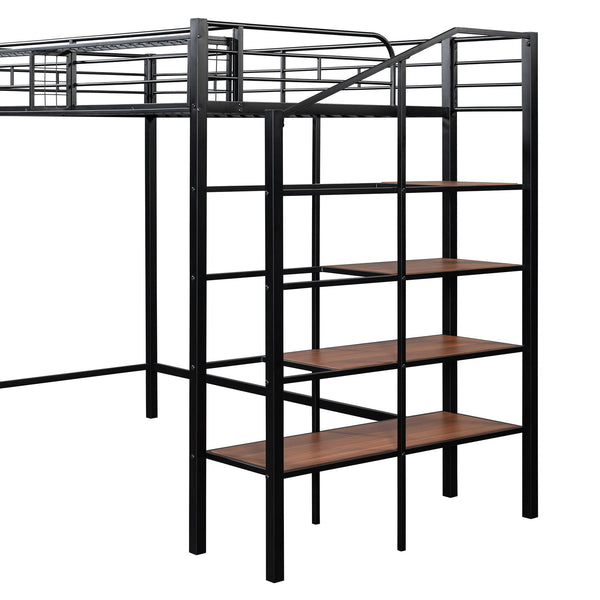English Elm Twin Metal Loft Bed with Upper Grid Storage Shelf and 4-Layer Ladder Shelves for Space Saving Black SF100081AAB