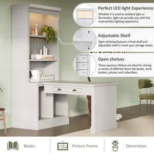 English Elm 83.4"Tall Bookshelf with Writing Desk White – Modern Solid Wood Workstation with LED, Drawer & Adjustable Shelf N751S280597K