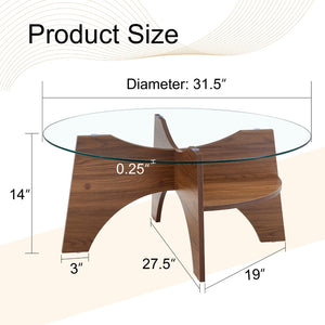 English Elm Round Tempered Glass Coffee Table with Fan Pedestal Base for Modern Living Rooms Transparent,Walnut W1151P256004