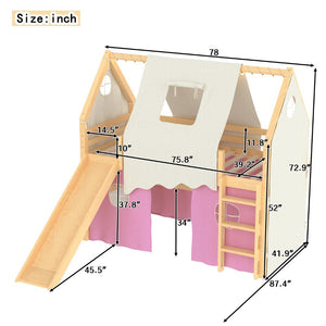 English Elm Twin Pine Loft Bed with House Frame Tent Led Lights Slide and Floor Space Below W1580S00289