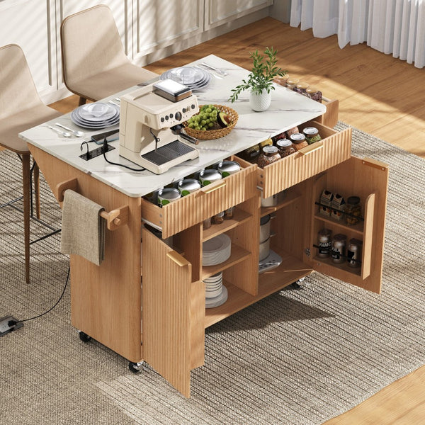 English Elm K&k Fluted Rolling Kitchen Island Faux Marble Top Power Outlet Drop Leaf Storage Natural N707S000019Y
