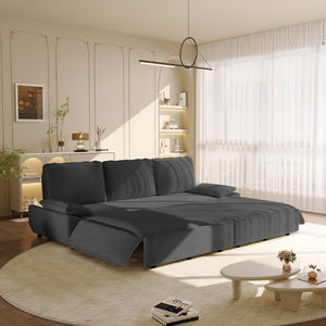 English Elm 94.5" King Convertible Sleeper Sofa Corduroy Upholstered Chaise Lounge Guest Room Bed Grey W1885S00308