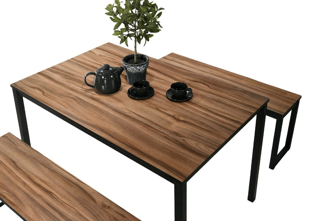 English Elm Industrial 3pc Dining Set Walnut Top with Black U-Shape Metal Legs, Benches, Modern Durable Elegance B2741P383856