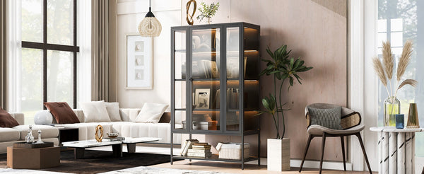 English Elm 67.25'' Tall Steel Curio Cabinet with Led Lighting and Tempered Glass Panels Black SN845P263995B