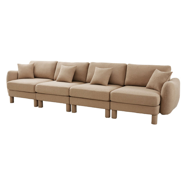 English Elm Boucle 4-Seater Sofa With Shell Armrests & Cylindrical Legs, Coffee Color - Plush Comfort & Style W3041S00287