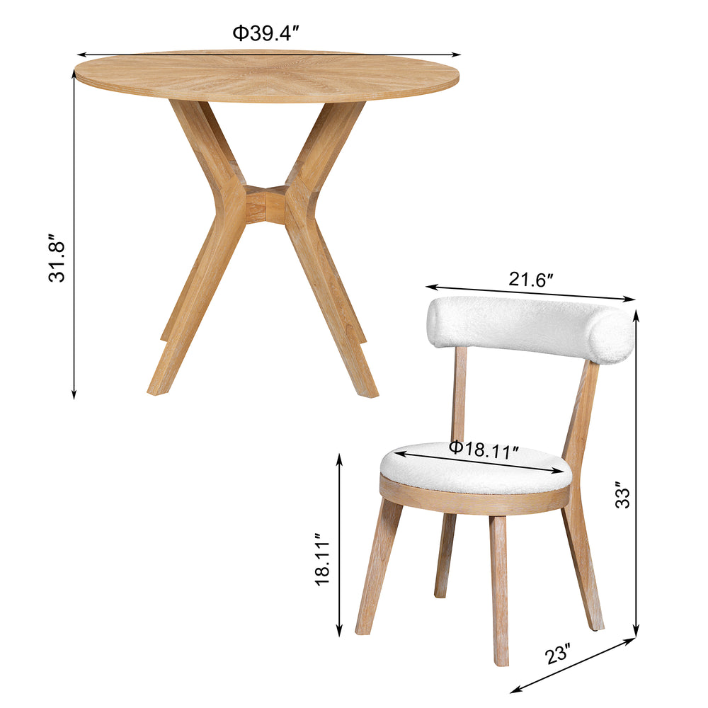 English Elm Mid-Century 39.4" Round Dining Table Set With 2 Padded Chairs, Oak Veneer & Stylish Wooden Legs TWSET-LUCKY1