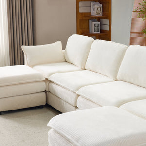 English Elm 136" Plush Cloud Modular 4-Seater Sofa with 2 Ottomans, Beige Corduroy, High-Resilience Foam Comfort, Durable Wood Frame W1829S00064