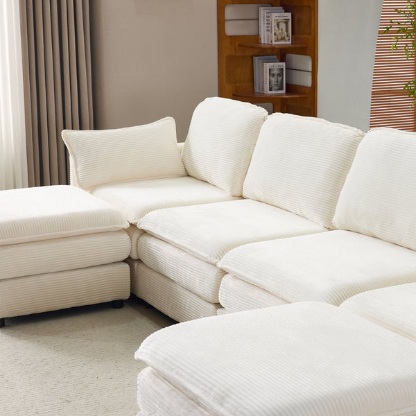 English Elm 136" Plush Cloud Modular 4-Seater Sofa with 2 Ottomans, Beige Corduroy, High-Resilience Foam Comfort, Durable Wood Frame W1829S00064