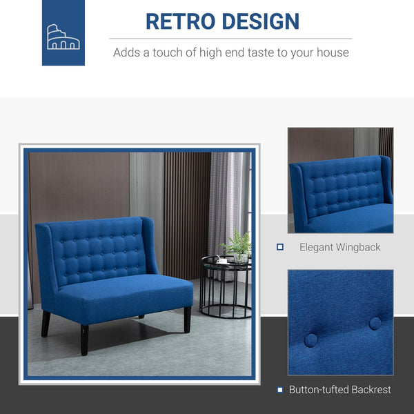 English Elm HOMCOM Mid-Century Wingback Loveseat Linen Upholstered Button-Tufted Two-Seater Sofa with Wood Legs Blue W2225P217479