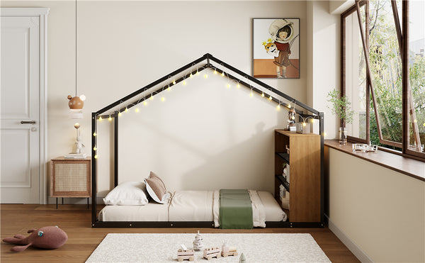English Elm Twin House Bed Frame with Shelves & Built-In Lights, Metal-Wood Design for Creative Kids' Rooms Black N737P176708B