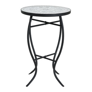 English Elm Outdoor Mosaic Ceramic Tile Round Side Table with Curved Wrought Iron Patio Accent Grey+Black N773P365597G