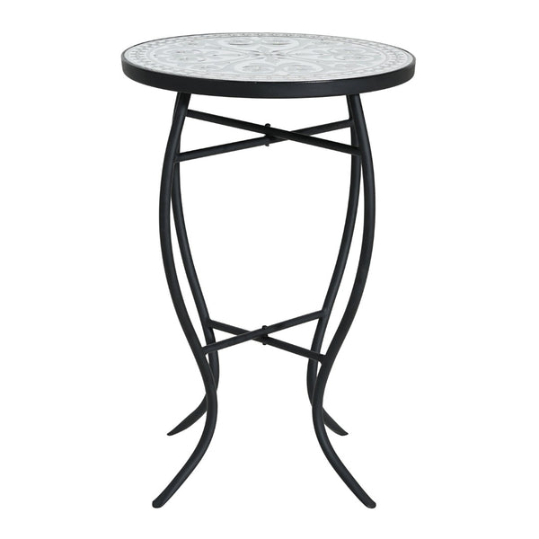 English Elm Outdoor Mosaic Ceramic Tile Round Side Table with Curved Wrought Iron Patio Accent Grey+Black N773P365597G