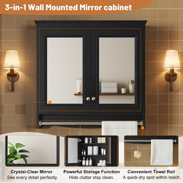 English Elm 3-in-1 Wall Mounted Medicine Cabinet with Soft Close Door Adjustable Shelves and Towel Bar Black N710P405415B