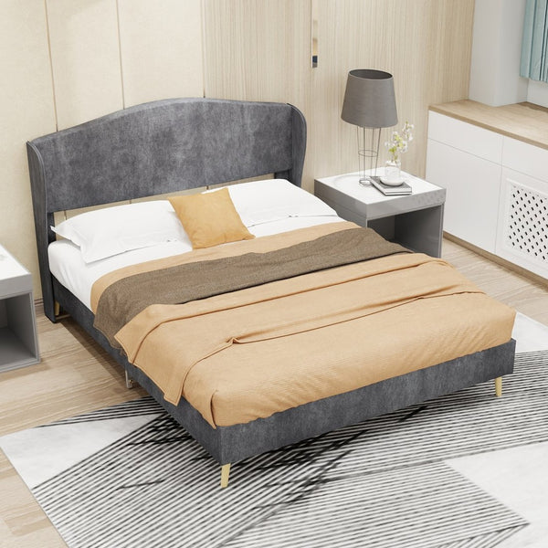 English Elm Suede Tufted Platform Bed Full Size Upholstered Headboard for Restful Bedroom Retreat Grey W1935P361013