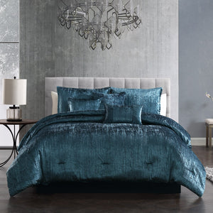 English Elm Turin Blue Crinkle Velvet 7Pc Bedding Set – Luxurious Queen Bed Ensemble For Modern Elegance & Comfort B340P341999-GIGA