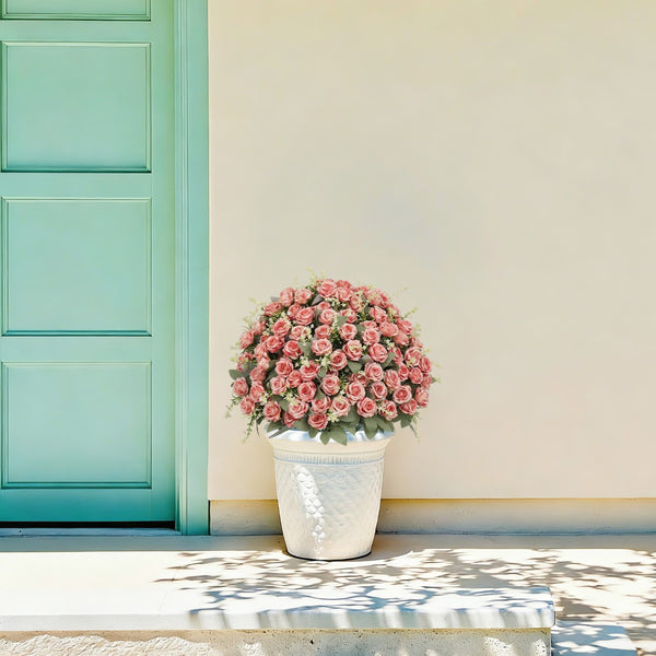 English Elm 24-inch Faux Rose Arrangement Uv Resistant Silk Blooms Set of Two Cement Potted Decor Green,Pink W2945P458445