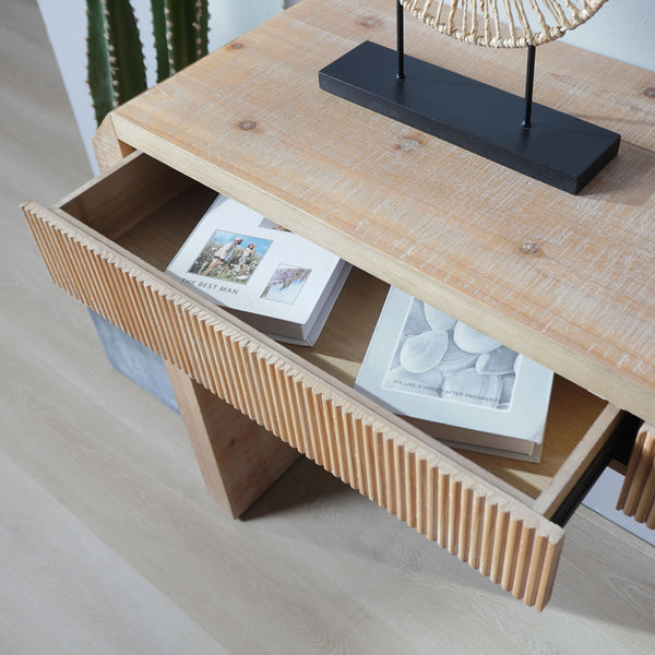 English Elm Rustic Wooden Console Table with Ribbed Drawer, Natural Finish, Durable Eco-Friendly Manufactured Wood - 51.2"L ideal for entryway organization and minimalist decor W2729P239172