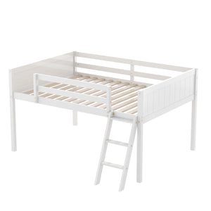 English Elm Full Low Loft Bed Pine Wood with Ladder & Guardrails, Space-Saving Play Area, Secure 350lb Capacity White WF531952AAK