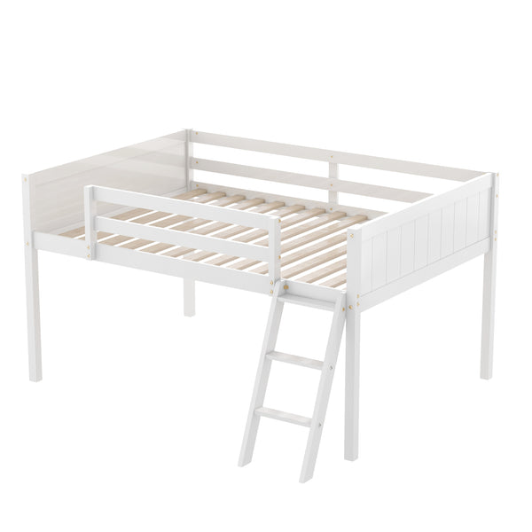 English Elm Full Low Loft Bed Pine Wood with Ladder & Guardrails, Space-Saving Play Area, Secure 350lb Capacity White WF531952AAK