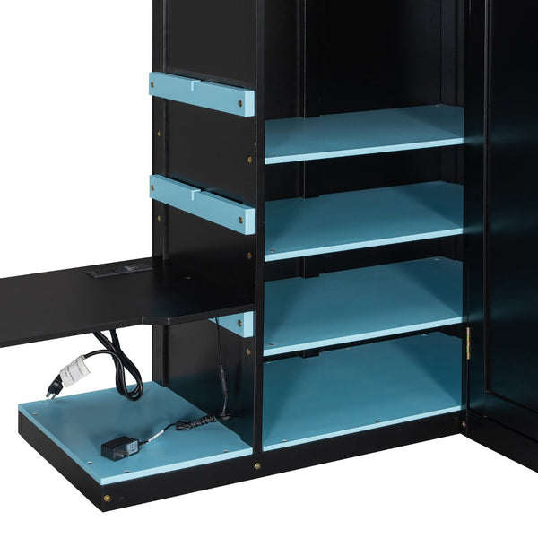 English Elm Full Size Loft Bed with Rgb Lighting Usb Charging Desk Wardrobe and Storage Shelves Blue LT000387AAC