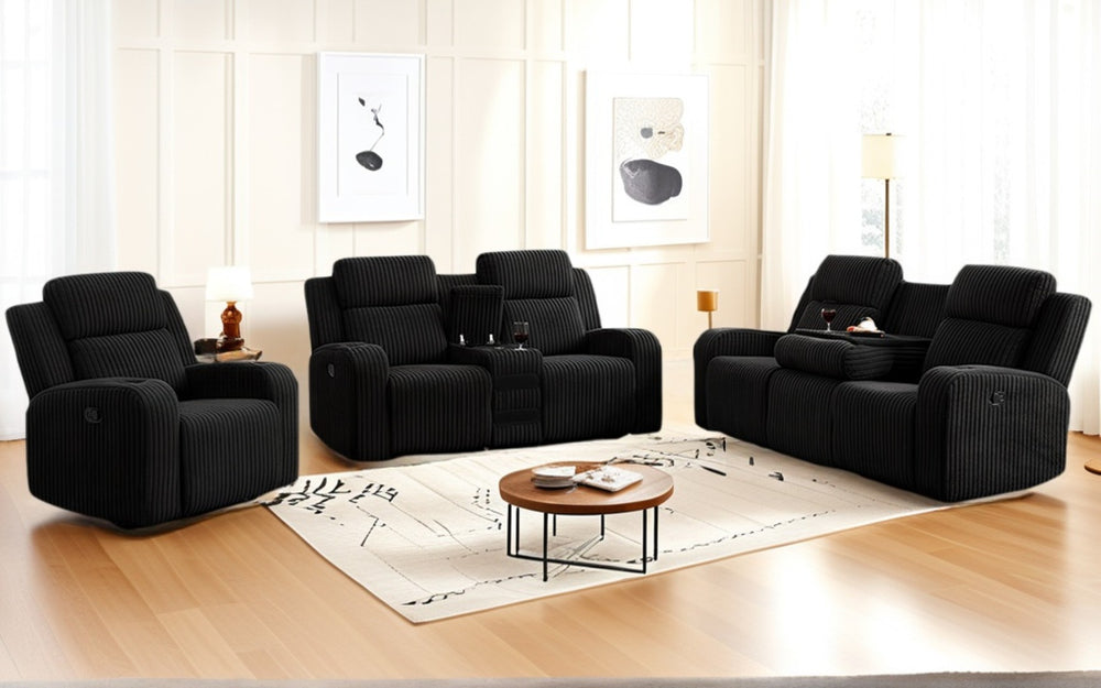 English Elm Recliner Sofa Set with Corduroy Upholstery Bluetooth Speaker Usb Wireless Charging Living Room Black W3900S00002